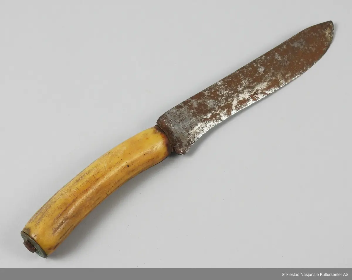 Bordkniv i jern med skaft av reinhorn, antatt heimsmidd? Kniven har en lang tange som går gjennom hele skaftets lengde. I enden av skaftet er det montert en rund plate med hull i midten, tangen går gjennom dette hullet, klinket fast? En god del rust.