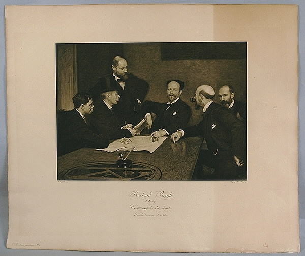 Koppartryck. Rektangulär. Av Richard Berghs målning av Konstnärsförbundets styrelse 1903. Vit passepartout. Glasad. Märkning: "Richard Bergh 1859-1919  Konstnärsförbundets styrelse Nationalmuseum Stockholm"  "Foto C. G. Rosenberg"   
Koppartryck: Nordisk Rotogravyr" "Nationalmusei planschserie No14"
Från vänster ser vi Christian Eriksson, Eugéne Jansson, Nils Kreuger, Karl Nordström (ordförande), Robert Thegerström och Richard Bergh.
