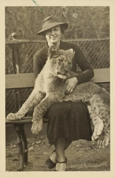 Når fotografen tok seg en pause, jumpet gjerne en av Olesens løve-onger opp på fanget. Bilde av Elisabeth Meyer med en løveunge på fanget.