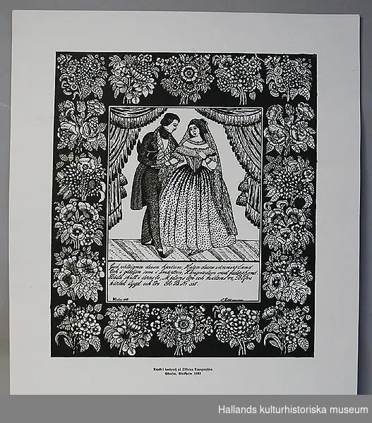 Kistebrev nytryck, svart på vitt papper. Mittmotiv med en man och en kvinna. Under den strofer ur en svensk psalm. Omgiven av en blomsterram. I två hörn står "Warberg 1853" (8?) samt "L Gullbransson". Märkning: "Tryckt i handpress på Officina Typographica Skansen, Stockholm 1982."
