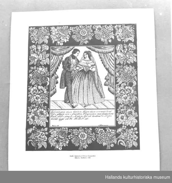 Kistebrev nytryck, svart på vitt papper. Mittmotiv med en man och en kvinna. Under den strofer ur en svensk psalm. Omgiven av en blomsterram. I två hörn står "Warberg 1853" (8?) samt "L Gullbransson". Märkning: "Tryckt i handpress på Officina Typographica Skansen, Stockholm 1982."
