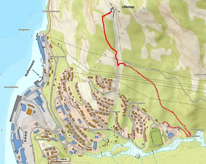 Eit kart over Tyssedal, kor ein rød stipla linje visar turstien til Lilletopp. Illustrasjon.