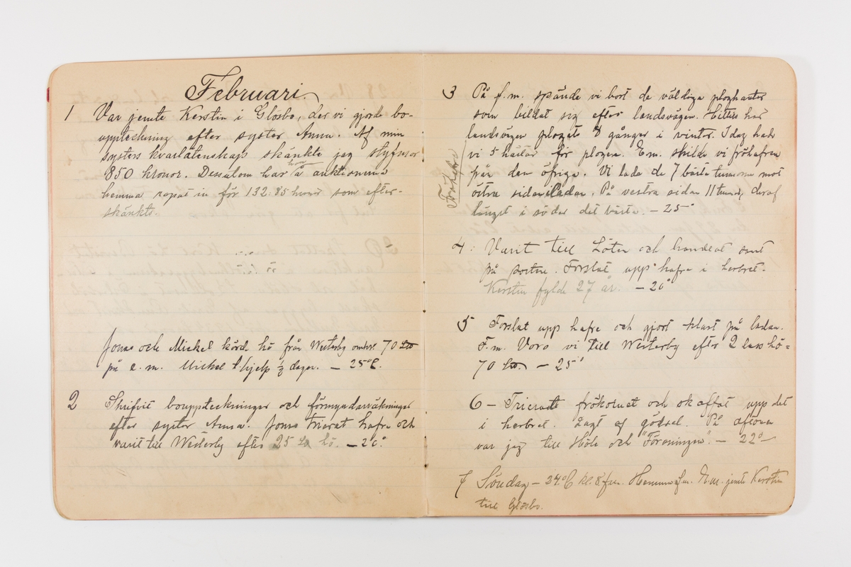 Dagbok från 1897-1898 omfattande 138 sidor. Inbunden med vaxdukspärm. Skriven av bonden, sjömannen och godtemplaren Per Svensson (1863-). Denne var gift med Kerstin Persdotter i Östergården (Österböle nr 2) i Rengsjö socken. Anteckningarna berör arbete, resor, väder osv.