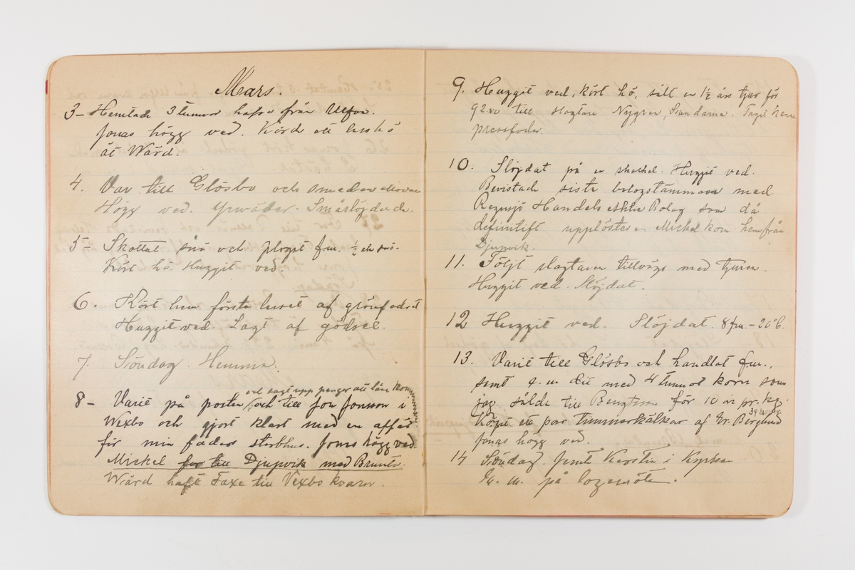 Dagbok från 1897-1898 omfattande 138 sidor. Inbunden med vaxdukspärm. Skriven av bonden, sjömannen och godtemplaren Per Svensson (1863-). Denne var gift med Kerstin Persdotter i Östergården (Österböle nr 2) i Rengsjö socken. Anteckningarna berör arbete, resor, väder osv.