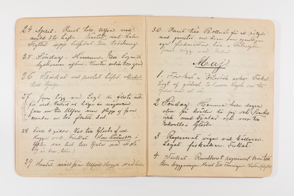 Dagbok från 1897-1898 omfattande 138 sidor. Inbunden med vaxdukspärm. Skriven av bonden, sjömannen och godtemplaren Per Svensson (1863-). Denne var gift med Kerstin Persdotter i Östergården (Österböle nr 2) i Rengsjö socken. Anteckningarna berör arbete, resor, väder osv.