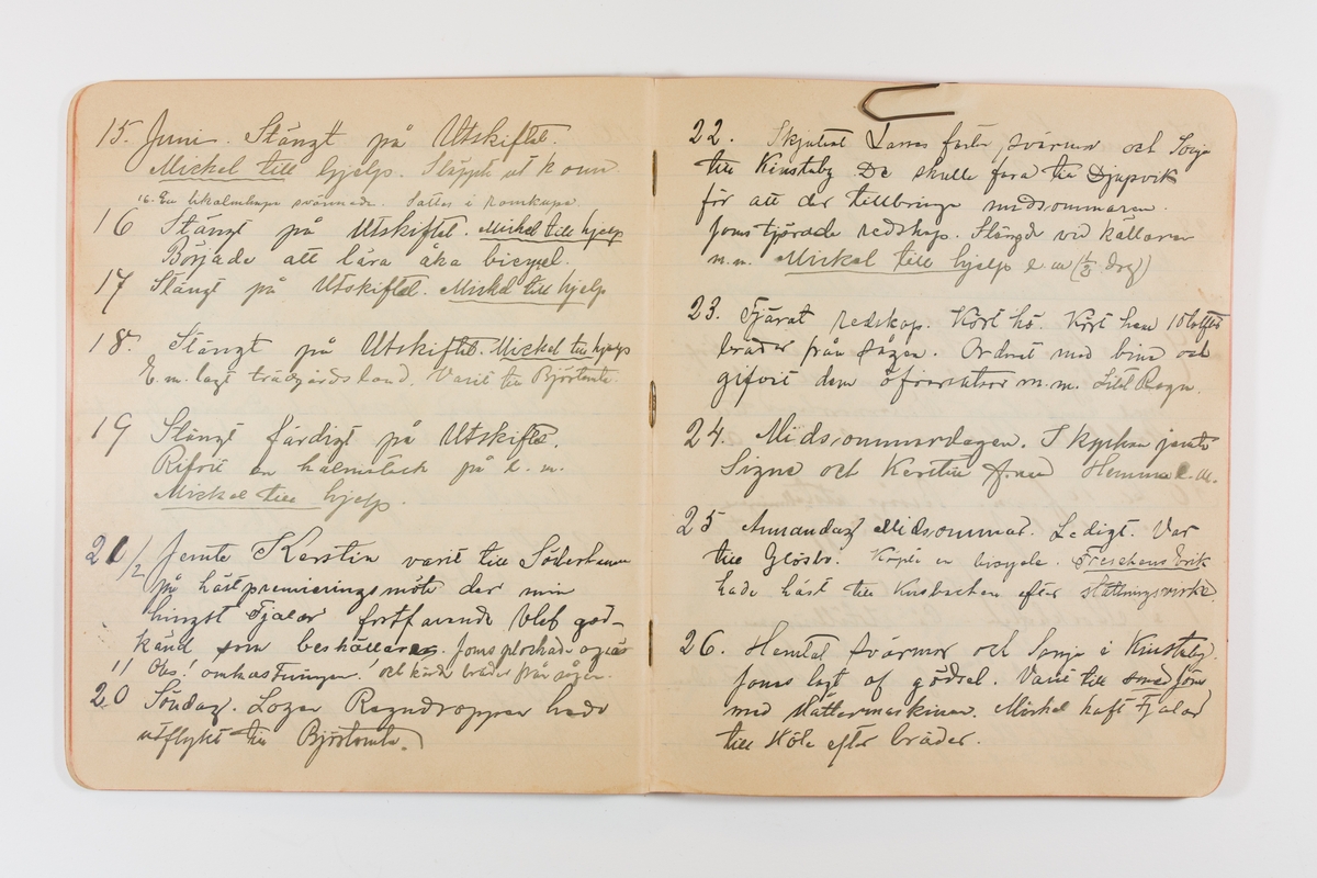 Dagbok från 1897-1898 omfattande 138 sidor. Inbunden med vaxdukspärm. Skriven av bonden, sjömannen och godtemplaren Per Svensson (1863-). Denne var gift med Kerstin Persdotter i Östergården (Österböle nr 2) i Rengsjö socken. Anteckningarna berör arbete, resor, väder osv.