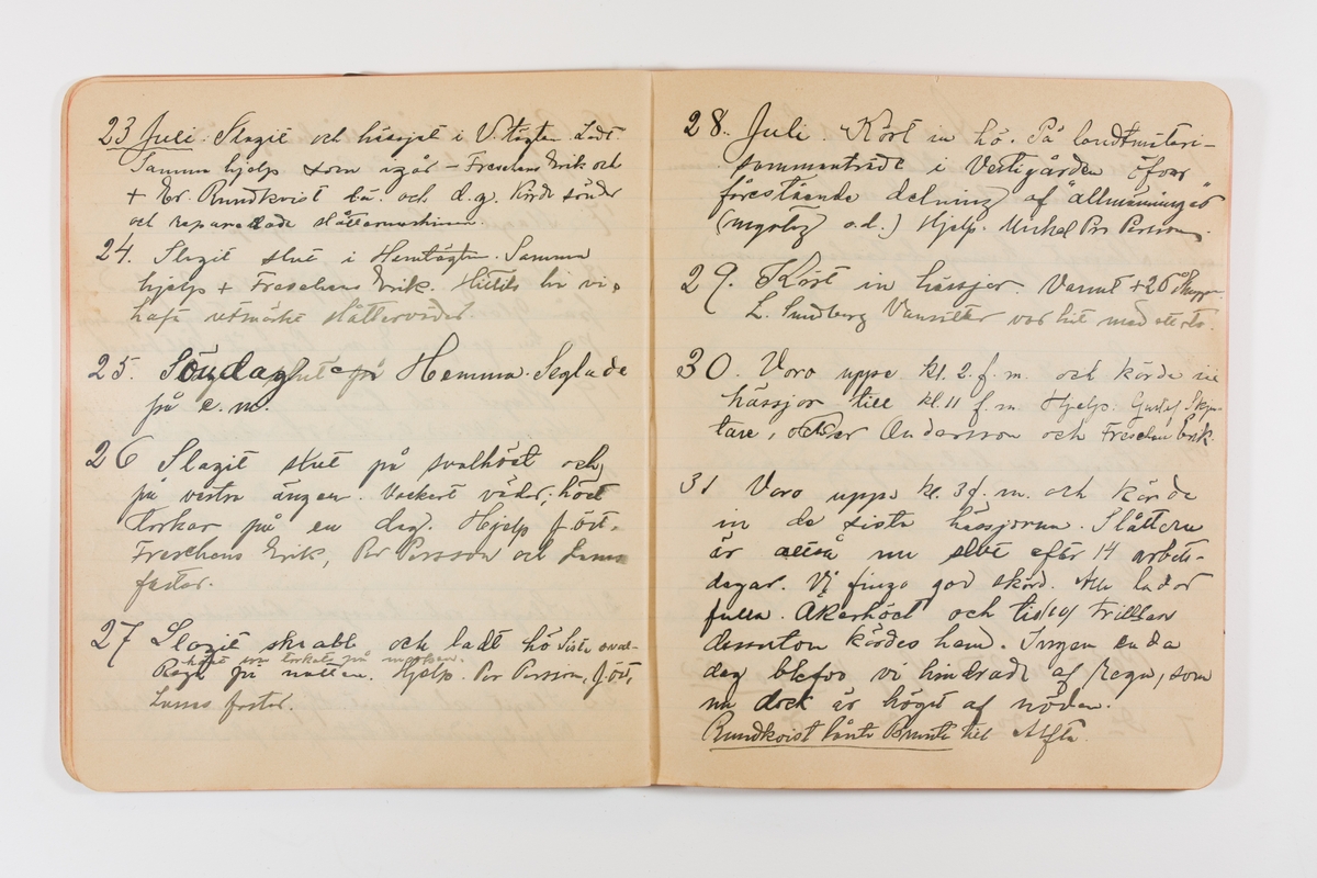 Dagbok från 1897–1898 omfattande 138 sidor. Inbunden med vaxdukspärm. Skriven av bonden, sjömannen och godtemplaren Per Svensson (1863–). Denne var gift med Kerstin Persdotter i Östergården (Österböle nr 2) i Rengsjö socken. Anteckningarna berör arbete, resor, väder osv. Dagboken ingår i en samling på 8 volymer och fanns vid digitaliseringstillfället i privat ägo inom släkten.