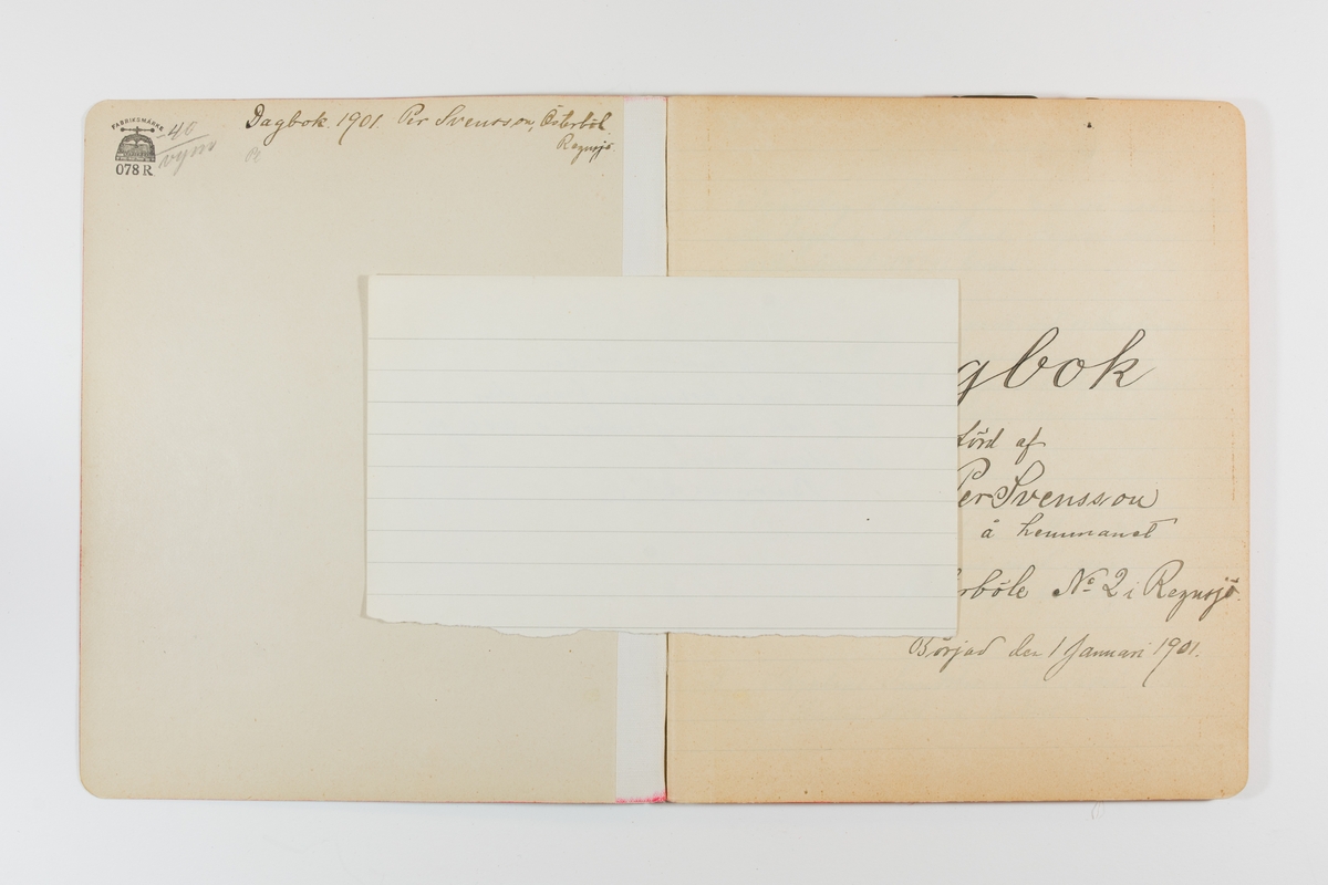 Dagbok från 1901 omfattande 71 skrivna sidor samt en skriven lapp. Inbunden med vaxdukspärm. Skriven av bonden, sjömannen och godtemplaren Per Svensson (1863–). Denne var gift med Kerstin Persdotter i Östergården (Österböle nr 2) i Rengsjö socken. Anteckningarna berör arbete, resor, väder osv. Dagboken ingår i en samling på 8 volymer och fanns vid digitaliseringstillfället i privat ägo inom släkten.