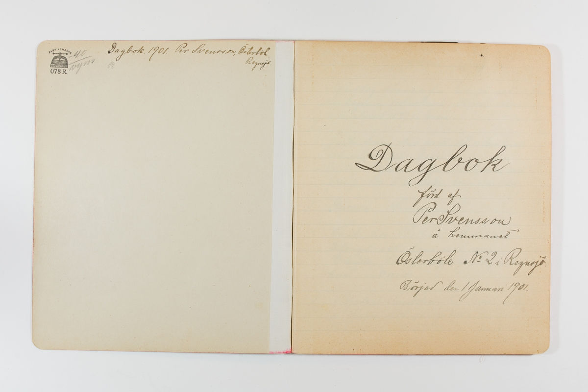 Dagbok från 1901 omfattande 71 skrivna sidor samt en skriven lapp. Inbunden med vaxdukspärm. Skriven av bonden, sjömannen och godtemplaren Per Svensson (1863–). Denne var gift med Kerstin Persdotter i Östergården (Österböle nr 2) i Rengsjö socken. Anteckningarna berör arbete, resor, väder osv. Dagboken ingår i en samling på 8 volymer och fanns vid digitaliseringstillfället i privat ägo inom släkten.
