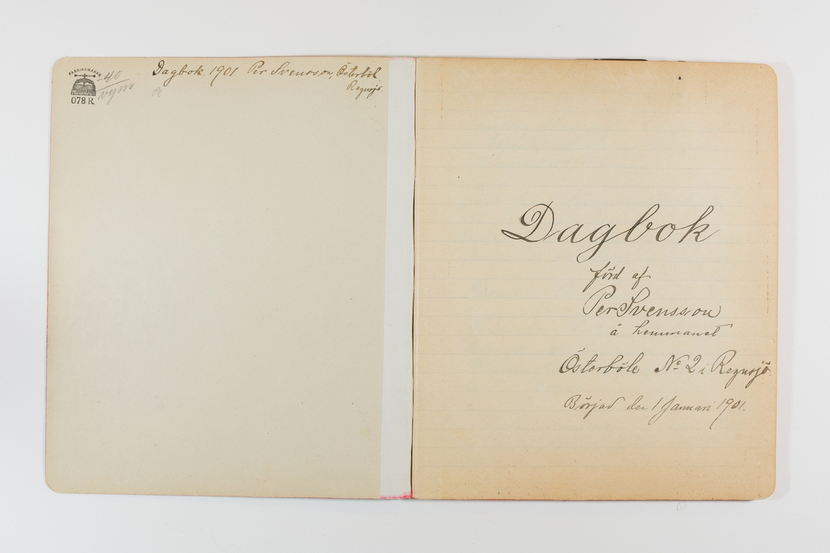 Dagbok från 1901 omfattande 71 skrivna sidor samt en skriven lapp. Inbunden med vaxdukspärm. Skriven av bonden, sjömannen och godtemplaren Per Svensson (1863-). Denne var gift med Kerstin Persdotter i Östergården (Österböle nr 2) i Rengsjö socken. Anteckningarna berör arbete, resor, väder osv.