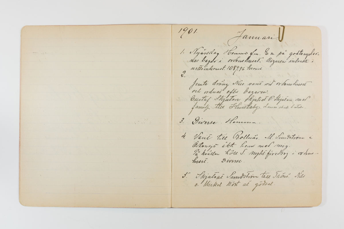 Dagbok från 1901 omfattande 71 skrivna sidor samt en skriven lapp. Inbunden med vaxdukspärm. Skriven av bonden, sjömannen och godtemplaren Per Svensson (1863–). Denne var gift med Kerstin Persdotter i Östergården (Österböle nr 2) i Rengsjö socken. Anteckningarna berör arbete, resor, väder osv. Dagboken ingår i en samling på 8 volymer och fanns vid digitaliseringstillfället i privat ägo inom släkten.