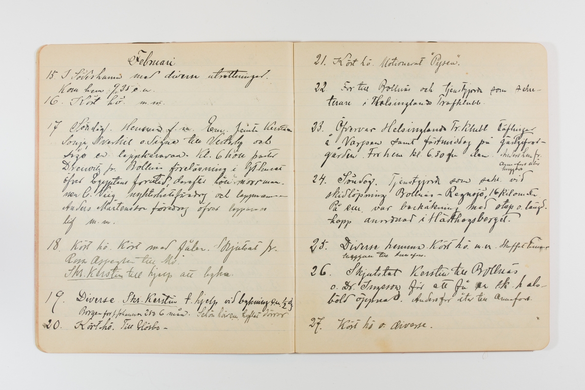 Dagbok från 1901 omfattande 71 skrivna sidor samt en skriven lapp. Inbunden med vaxdukspärm. Skriven av bonden, sjömannen och godtemplaren Per Svensson (1863-). Denne var gift med Kerstin Persdotter i Östergården (Österböle nr 2) i Rengsjö socken. Anteckningarna berör arbete, resor, väder osv.