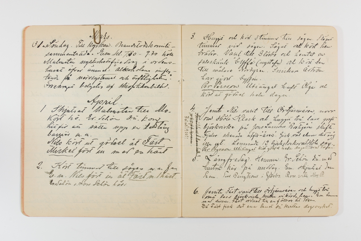 Dagbok från 1901 omfattande 71 skrivna sidor samt en skriven lapp. Inbunden med vaxdukspärm. Skriven av bonden, sjömannen och godtemplaren Per Svensson (1863-). Denne var gift med Kerstin Persdotter i Östergården (Österböle nr 2) i Rengsjö socken. Anteckningarna berör arbete, resor, väder osv.