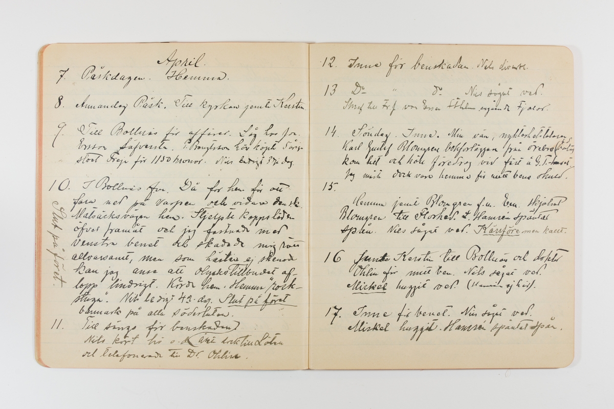 Dagbok från 1901 omfattande 71 skrivna sidor samt en skriven lapp. Inbunden med vaxdukspärm. Skriven av bonden, sjömannen och godtemplaren Per Svensson (1863-). Denne var gift med Kerstin Persdotter i Östergården (Österböle nr 2) i Rengsjö socken. Anteckningarna berör arbete, resor, väder osv.