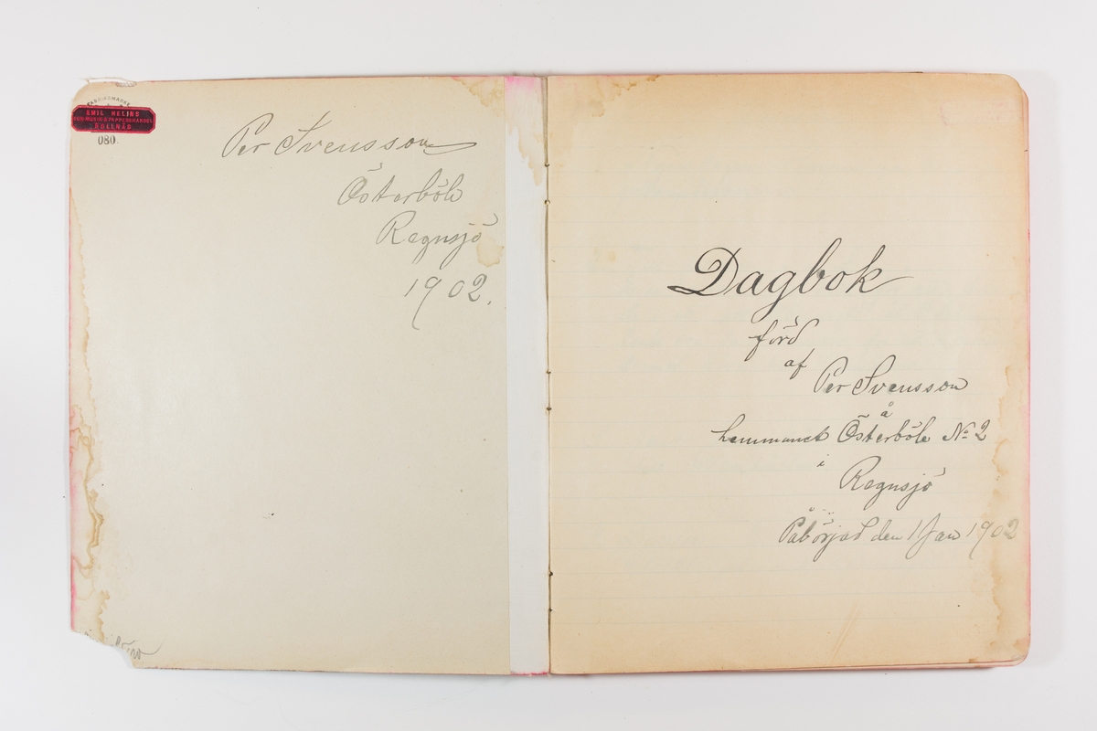 Dagbok från 1902–1903 omfattande 162 skrivna sidor samt en stämplingslängd. Inbunden med vaxdukspärm. Skriven av bonden, sjömannen och godtemplaren Per Svensson (1863–). Denne var gift med Kerstin Persdotter i Östergården (Österböle nr 2) i Rengsjö socken. Anteckningarna berör arbete, resor, väder osv. Dagboken ingår i en samling på 8 volymer och fanns vid digitaliseringstillfället i privat ägo inom släkten.