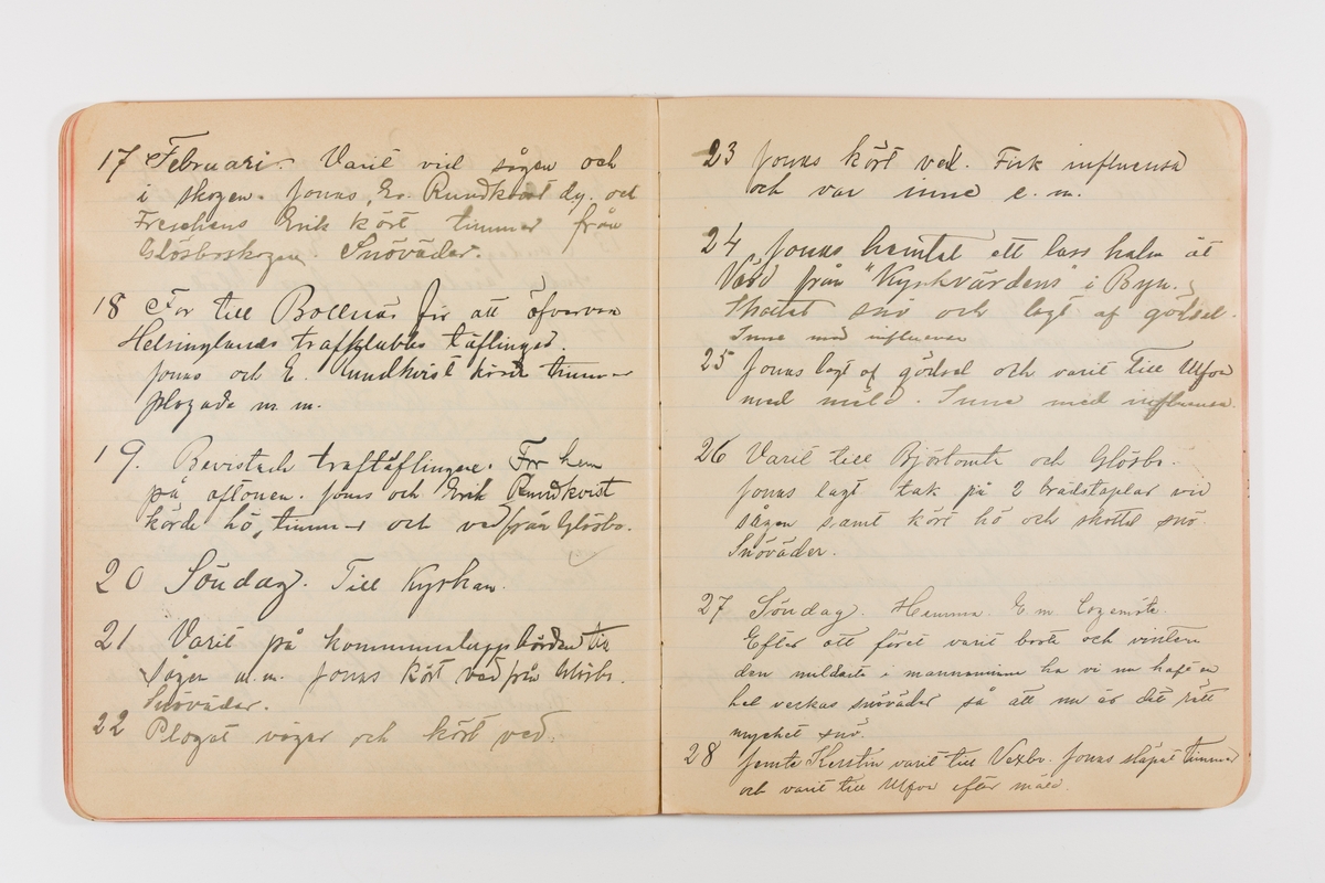 Dagbok från 1897-1898 omfattande 138 sidor. Inbunden med vaxdukspärm. Skriven av bonden, sjömannen och godtemplaren Per Svensson (1863-). Denne var gift med Kerstin Persdotter i Östergården (Österböle nr 2) i Rengsjö socken. Anteckningarna berör arbete, resor, väder osv.