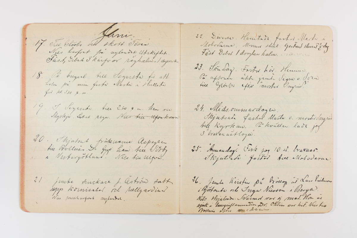 Dagbok från 1901 omfattande 71 skrivna sidor samt en skriven lapp. Inbunden med vaxdukspärm. Skriven av bonden, sjömannen och godtemplaren Per Svensson (1863-). Denne var gift med Kerstin Persdotter i Östergården (Österböle nr 2) i Rengsjö socken. Anteckningarna berör arbete, resor, väder osv.