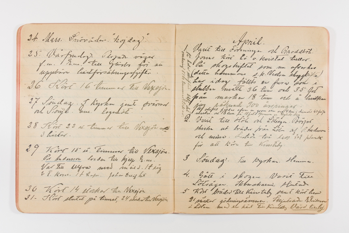 Dagbok från 1897-1898 omfattande 138 sidor. Inbunden med vaxdukspärm. Skriven av bonden, sjömannen och godtemplaren Per Svensson (1863-). Denne var gift med Kerstin Persdotter i Östergården (Österböle nr 2) i Rengsjö socken. Anteckningarna berör arbete, resor, väder osv.