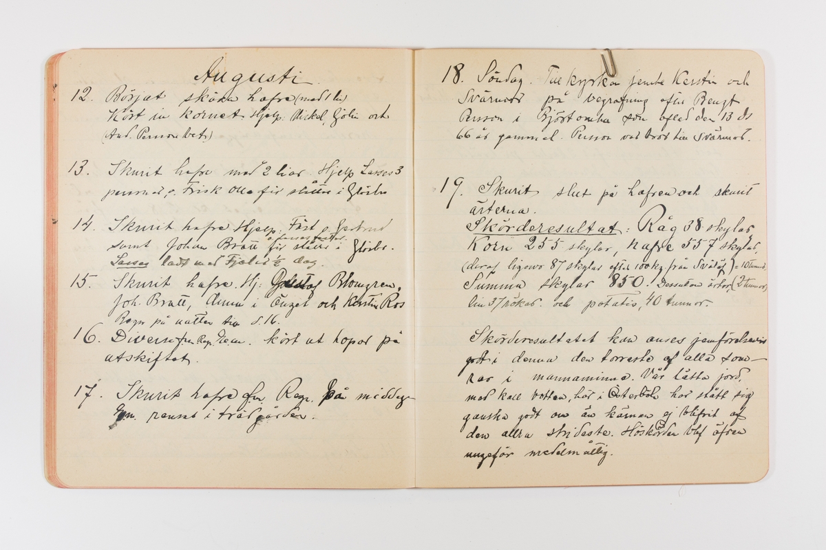 Dagbok från 1901 omfattande 71 skrivna sidor samt en skriven lapp. Inbunden med vaxdukspärm. Skriven av bonden, sjömannen och godtemplaren Per Svensson (1863-). Denne var gift med Kerstin Persdotter i Östergården (Österböle nr 2) i Rengsjö socken. Anteckningarna berör arbete, resor, väder osv.