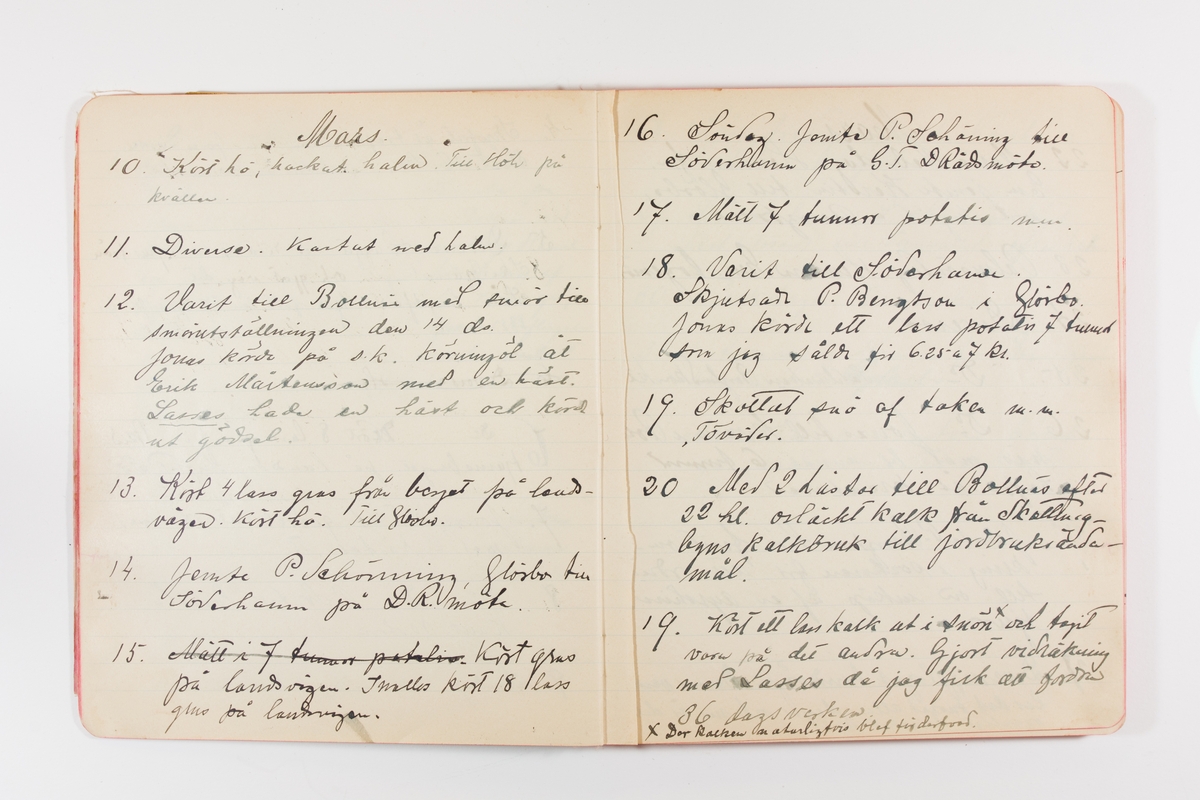 Dagbok från 1902–1903 omfattande 162 skrivna sidor samt en stämplingslängd. Inbunden med vaxdukspärm. Skriven av bonden, sjömannen och godtemplaren Per Svensson (1863–). Denne var gift med Kerstin Persdotter i Östergården (Österböle nr 2) i Rengsjö socken. Anteckningarna berör arbete, resor, väder osv. Dagboken ingår i en samling på 8 volymer och fanns vid digitaliseringstillfället i privat ägo inom släkten.