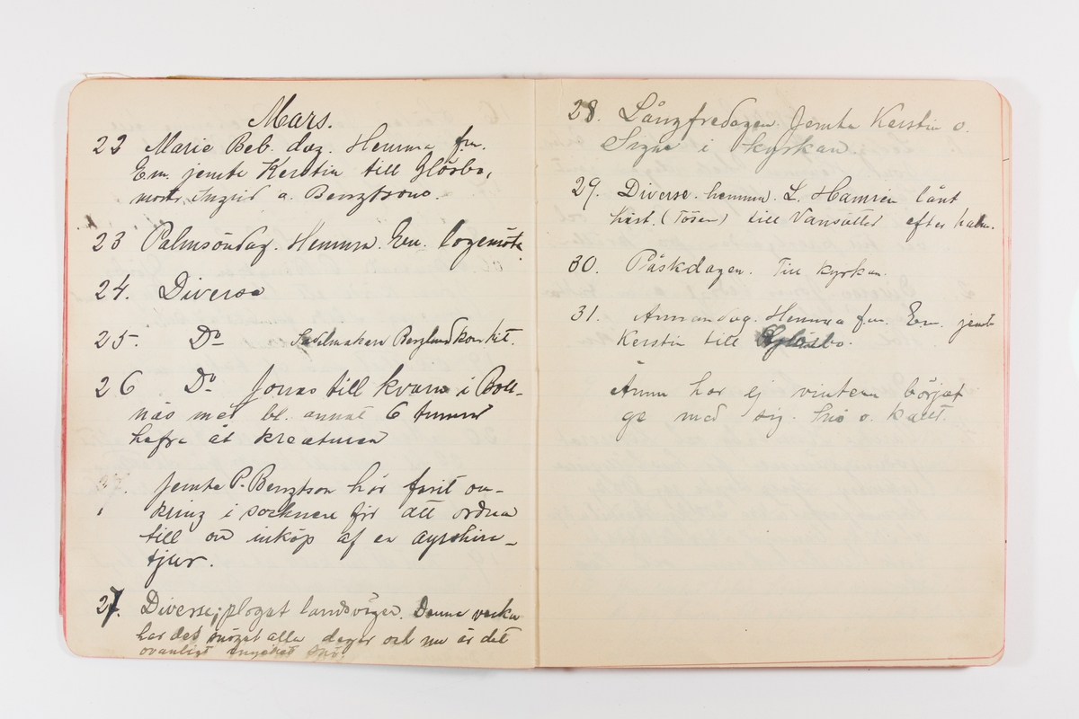 Dagbok från 1902–1903 omfattande 162 skrivna sidor samt en stämplingslängd. Inbunden med vaxdukspärm. Skriven av bonden, sjömannen och godtemplaren Per Svensson (1863–). Denne var gift med Kerstin Persdotter i Östergården (Österböle nr 2) i Rengsjö socken. Anteckningarna berör arbete, resor, väder osv. Dagboken ingår i en samling på 8 volymer och fanns vid digitaliseringstillfället i privat ägo inom släkten.