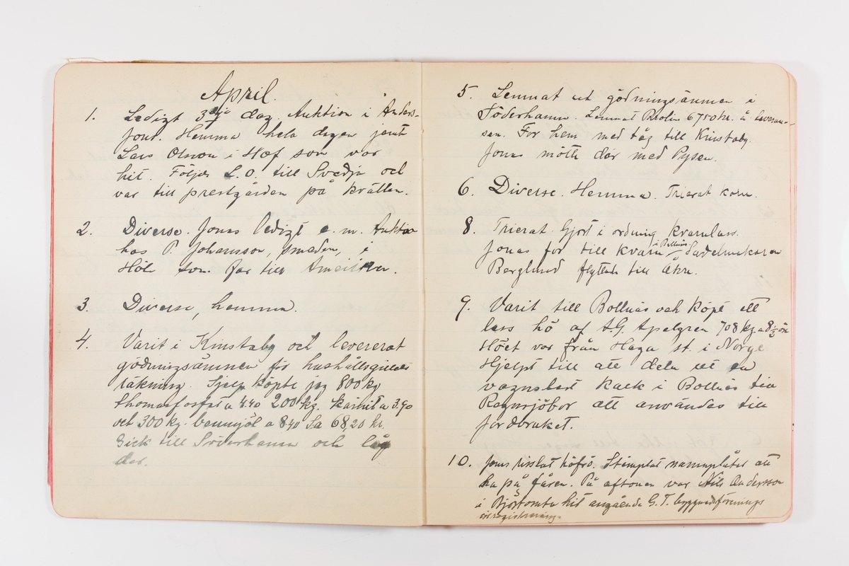 Dagbok från 1902–1903 omfattande 162 skrivna sidor samt en stämplingslängd. Inbunden med vaxdukspärm. Skriven av bonden, sjömannen och godtemplaren Per Svensson (1863–). Denne var gift med Kerstin Persdotter i Östergården (Österböle nr 2) i Rengsjö socken. Anteckningarna berör arbete, resor, väder osv. Dagboken ingår i en samling på 8 volymer och fanns vid digitaliseringstillfället i privat ägo inom släkten.