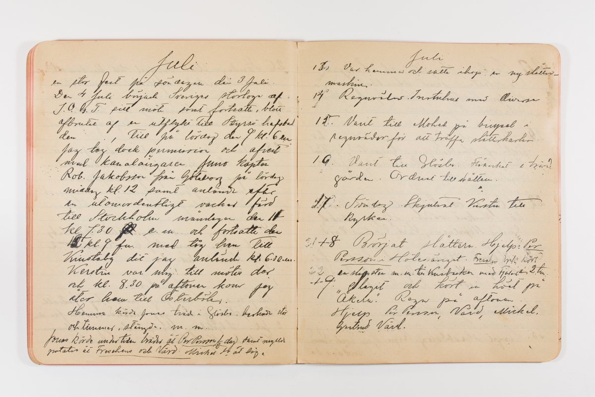 Dagbok från 1897-1898 omfattande 138 sidor. Inbunden med vaxdukspärm. Skriven av bonden, sjömannen och godtemplaren Per Svensson (1863-). Denne var gift med Kerstin Persdotter i Östergården (Österböle nr 2) i Rengsjö socken. Anteckningarna berör arbete, resor, väder osv.