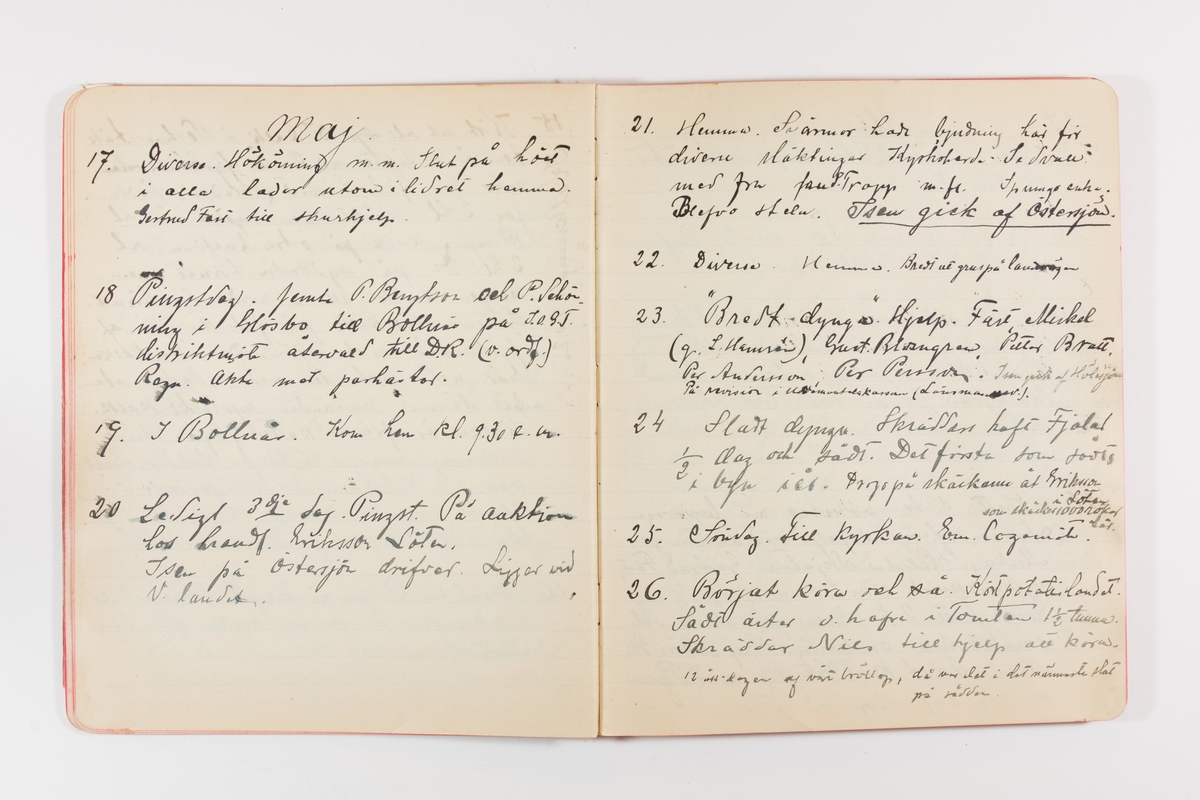 Dagbok från 1902–1903 omfattande 162 skrivna sidor samt en stämplingslängd. Inbunden med vaxdukspärm. Skriven av bonden, sjömannen och godtemplaren Per Svensson (1863–). Denne var gift med Kerstin Persdotter i Östergården (Österböle nr 2) i Rengsjö socken. Anteckningarna berör arbete, resor, väder osv. Dagboken ingår i en samling på 8 volymer och fanns vid digitaliseringstillfället i privat ägo inom släkten.