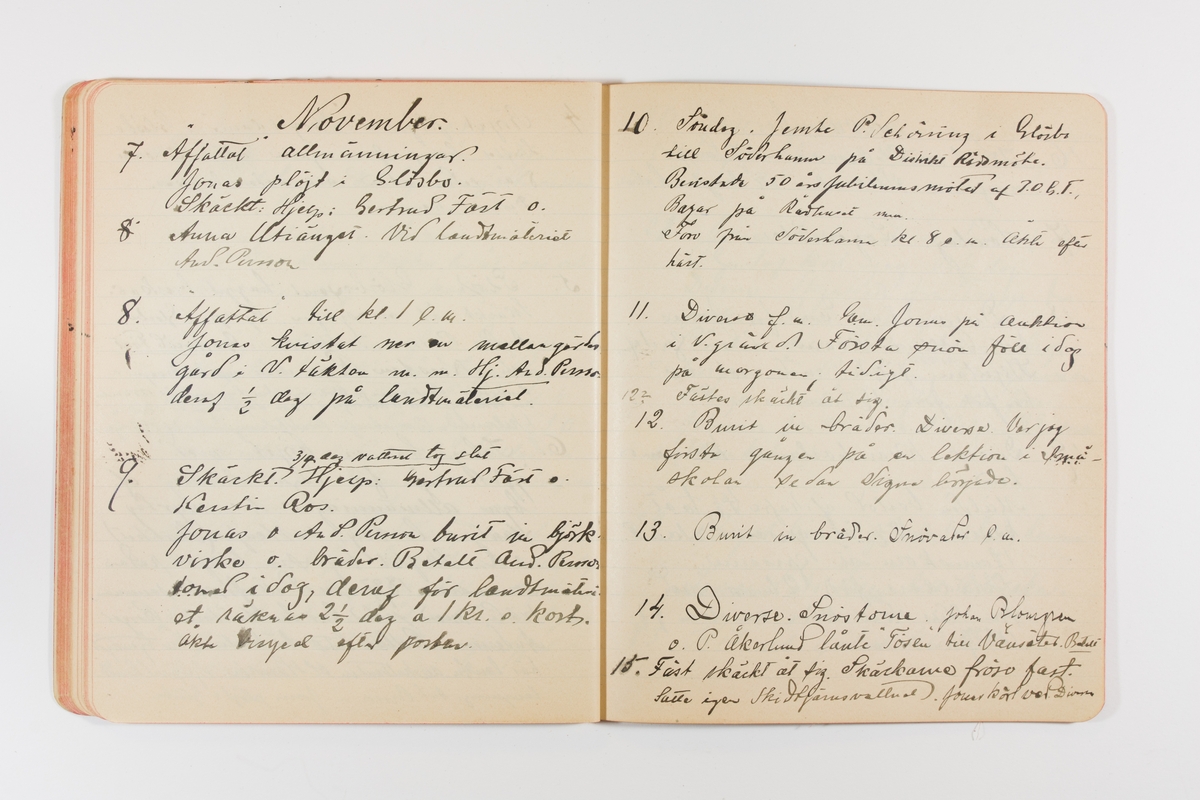 Dagbok från 1901 omfattande 71 skrivna sidor samt en skriven lapp. Inbunden med vaxdukspärm. Skriven av bonden, sjömannen och godtemplaren Per Svensson (1863-). Denne var gift med Kerstin Persdotter i Östergården (Österböle nr 2) i Rengsjö socken. Anteckningarna berör arbete, resor, väder osv.