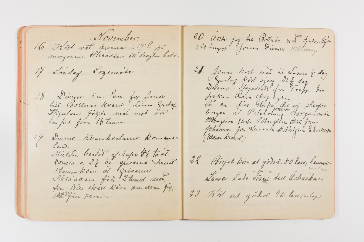 Dagbok från 1901 omfattande 71 skrivna sidor samt en skriven lapp. Inbunden med vaxdukspärm. Skriven av bonden, sjömannen och godtemplaren Per Svensson (1863–). Denne var gift med Kerstin Persdotter i Östergården (Österböle nr 2) i Rengsjö socken. Anteckningarna berör arbete, resor, väder osv. Dagboken ingår i en samling på 8 volymer och fanns vid digitaliseringstillfället i privat ägo inom släkten.