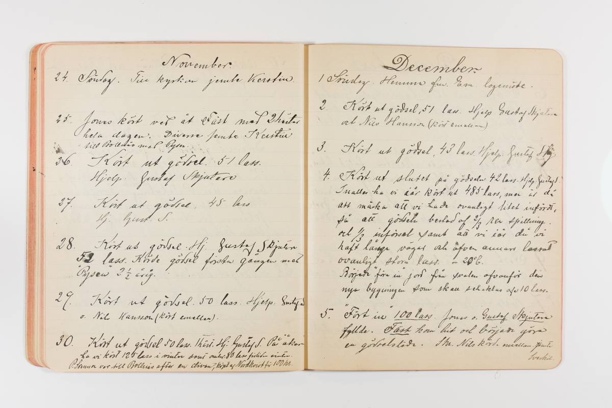 Dagbok från 1901 omfattande 71 skrivna sidor samt en skriven lapp. Inbunden med vaxdukspärm. Skriven av bonden, sjömannen och godtemplaren Per Svensson (1863-). Denne var gift med Kerstin Persdotter i Östergården (Österböle nr 2) i Rengsjö socken. Anteckningarna berör arbete, resor, väder osv.