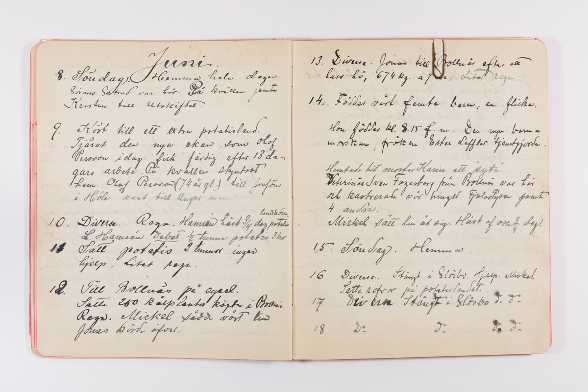 Dagbok från 1902–1903 omfattande 162 skrivna sidor samt en stämplingslängd. Inbunden med vaxdukspärm. Skriven av bonden, sjömannen och godtemplaren Per Svensson (1863–). Denne var gift med Kerstin Persdotter i Östergården (Österböle nr 2) i Rengsjö socken. Anteckningarna berör arbete, resor, väder osv. Dagboken ingår i en samling på 8 volymer och fanns vid digitaliseringstillfället i privat ägo inom släkten.