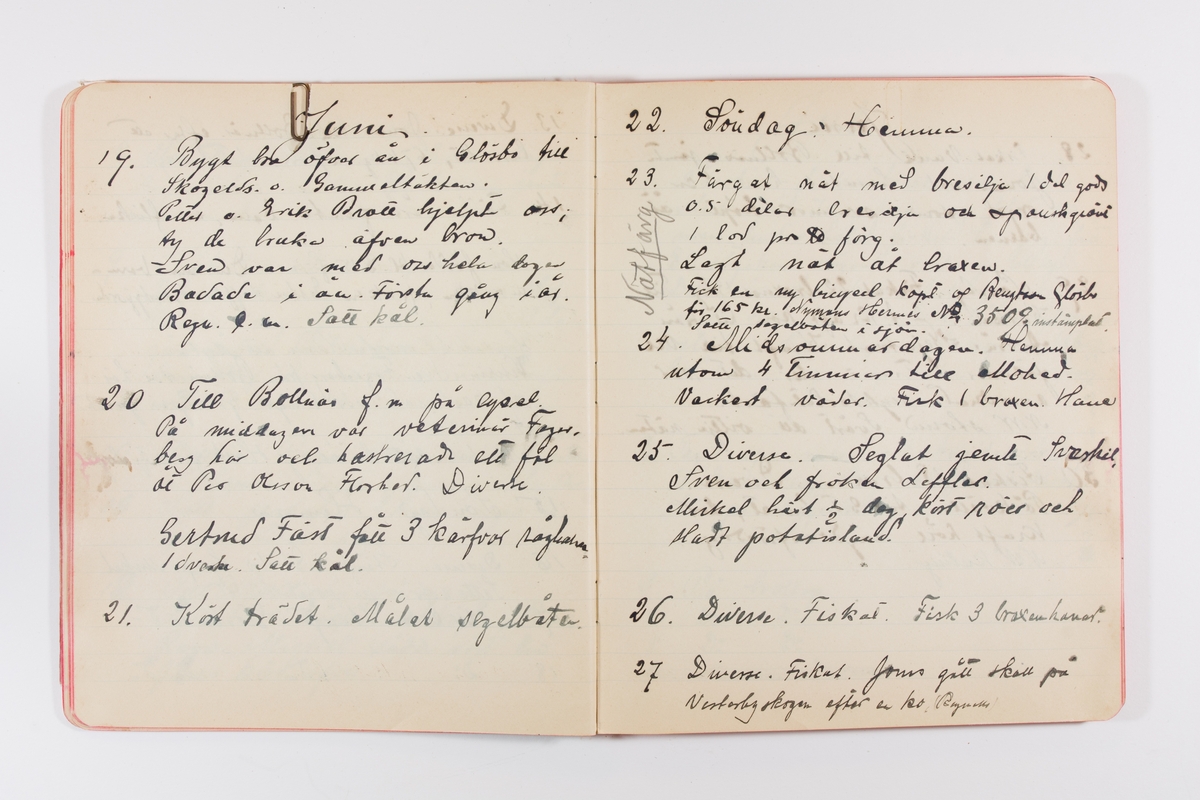 Dagbok från 1902–1903 omfattande 162 skrivna sidor samt en stämplingslängd. Inbunden med vaxdukspärm. Skriven av bonden, sjömannen och godtemplaren Per Svensson (1863–). Denne var gift med Kerstin Persdotter i Östergården (Österböle nr 2) i Rengsjö socken. Anteckningarna berör arbete, resor, väder osv. Dagboken ingår i en samling på 8 volymer och fanns vid digitaliseringstillfället i privat ägo inom släkten.