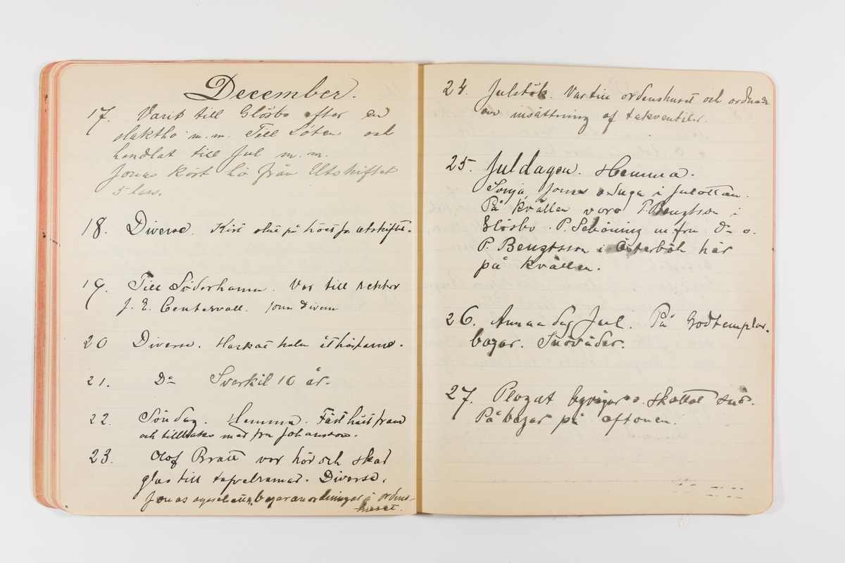 Dagbok från 1901 omfattande 71 skrivna sidor samt en skriven lapp. Inbunden med vaxdukspärm. Skriven av bonden, sjömannen och godtemplaren Per Svensson (1863-). Denne var gift med Kerstin Persdotter i Östergården (Österböle nr 2) i Rengsjö socken. Anteckningarna berör arbete, resor, väder osv.