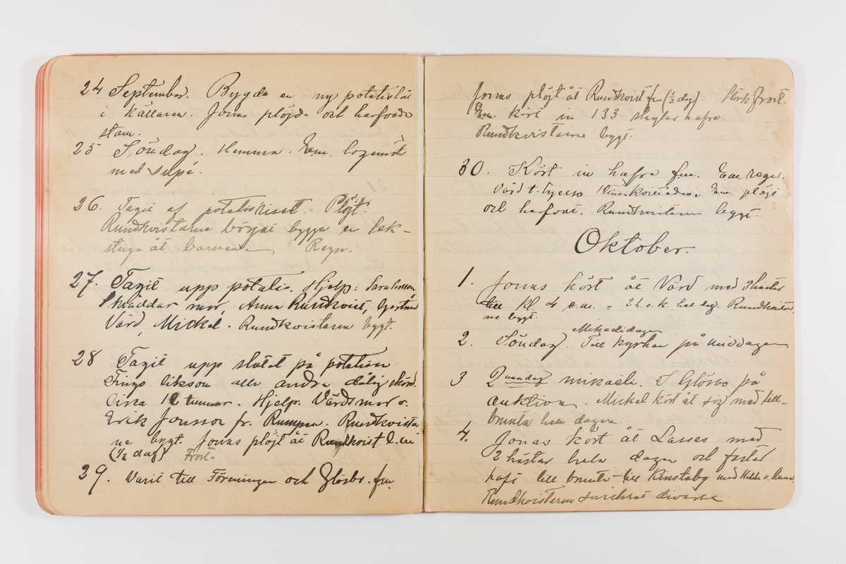 Dagbok från 1897-1898 omfattande 138 sidor. Inbunden med vaxdukspärm. Skriven av bonden, sjömannen och godtemplaren Per Svensson (1863-). Denne var gift med Kerstin Persdotter i Östergården (Österböle nr 2) i Rengsjö socken. Anteckningarna berör arbete, resor, väder osv.