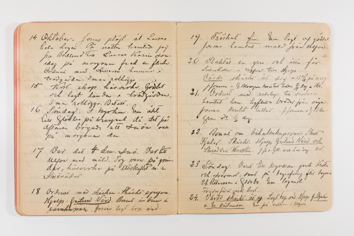 Dagbok från 1897-1898 omfattande 138 sidor. Inbunden med vaxdukspärm. Skriven av bonden, sjömannen och godtemplaren Per Svensson (1863-). Denne var gift med Kerstin Persdotter i Östergården (Österböle nr 2) i Rengsjö socken. Anteckningarna berör arbete, resor, väder osv.