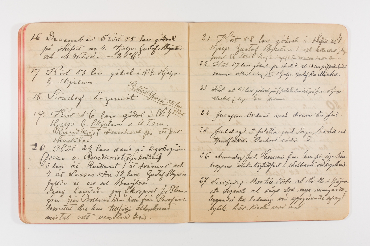 Dagbok från 1897-1898 omfattande 138 sidor. Inbunden med vaxdukspärm. Skriven av bonden, sjömannen och godtemplaren Per Svensson (1863-). Denne var gift med Kerstin Persdotter i Östergården (Österböle nr 2) i Rengsjö socken. Anteckningarna berör arbete, resor, väder osv.