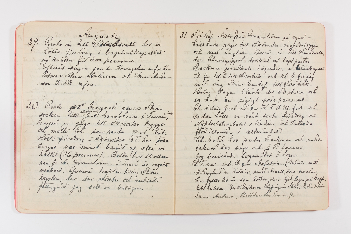 Dagbok från 1902–1903 omfattande 162 skrivna sidor samt en stämplingslängd. Inbunden med vaxdukspärm. Skriven av bonden, sjömannen och godtemplaren Per Svensson (1863–). Denne var gift med Kerstin Persdotter i Östergården (Österböle nr 2) i Rengsjö socken. Anteckningarna berör arbete, resor, väder osv. Dagboken ingår i en samling på 8 volymer och fanns vid digitaliseringstillfället i privat ägo inom släkten.