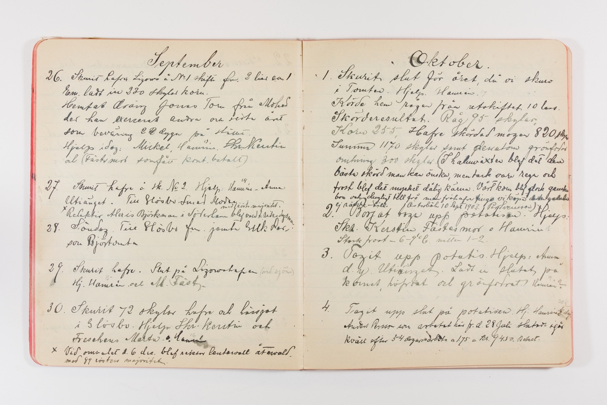 Dagbok från 1902–1903 omfattande 162 skrivna sidor samt en stämplingslängd. Inbunden med vaxdukspärm. Skriven av bonden, sjömannen och godtemplaren Per Svensson (1863–). Denne var gift med Kerstin Persdotter i Östergården (Österböle nr 2) i Rengsjö socken. Anteckningarna berör arbete, resor, väder osv. Dagboken ingår i en samling på 8 volymer och fanns vid digitaliseringstillfället i privat ägo inom släkten.