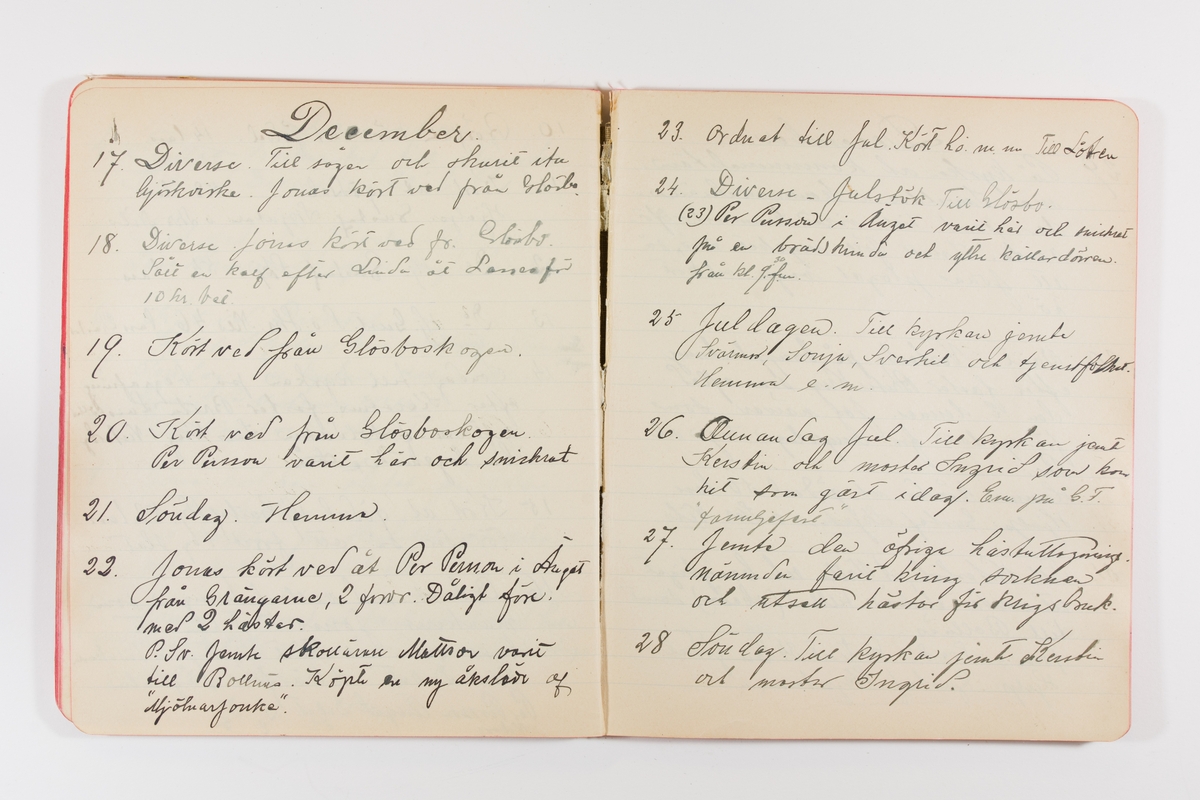 Dagbok från 1902–1903 omfattande 162 skrivna sidor samt en stämplingslängd. Inbunden med vaxdukspärm. Skriven av bonden, sjömannen och godtemplaren Per Svensson (1863–). Denne var gift med Kerstin Persdotter i Östergården (Österböle nr 2) i Rengsjö socken. Anteckningarna berör arbete, resor, väder osv. Dagboken ingår i en samling på 8 volymer och fanns vid digitaliseringstillfället i privat ägo inom släkten.