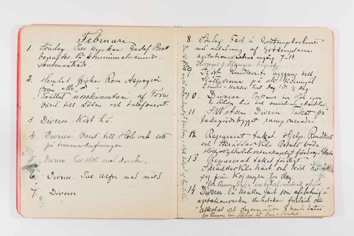 Dagbok från 1902–1903 omfattande 162 skrivna sidor samt en stämplingslängd. Inbunden med vaxdukspärm. Skriven av bonden, sjömannen och godtemplaren Per Svensson (1863–). Denne var gift med Kerstin Persdotter i Östergården (Österböle nr 2) i Rengsjö socken. Anteckningarna berör arbete, resor, väder osv. Dagboken ingår i en samling på 8 volymer och fanns vid digitaliseringstillfället i privat ägo inom släkten.