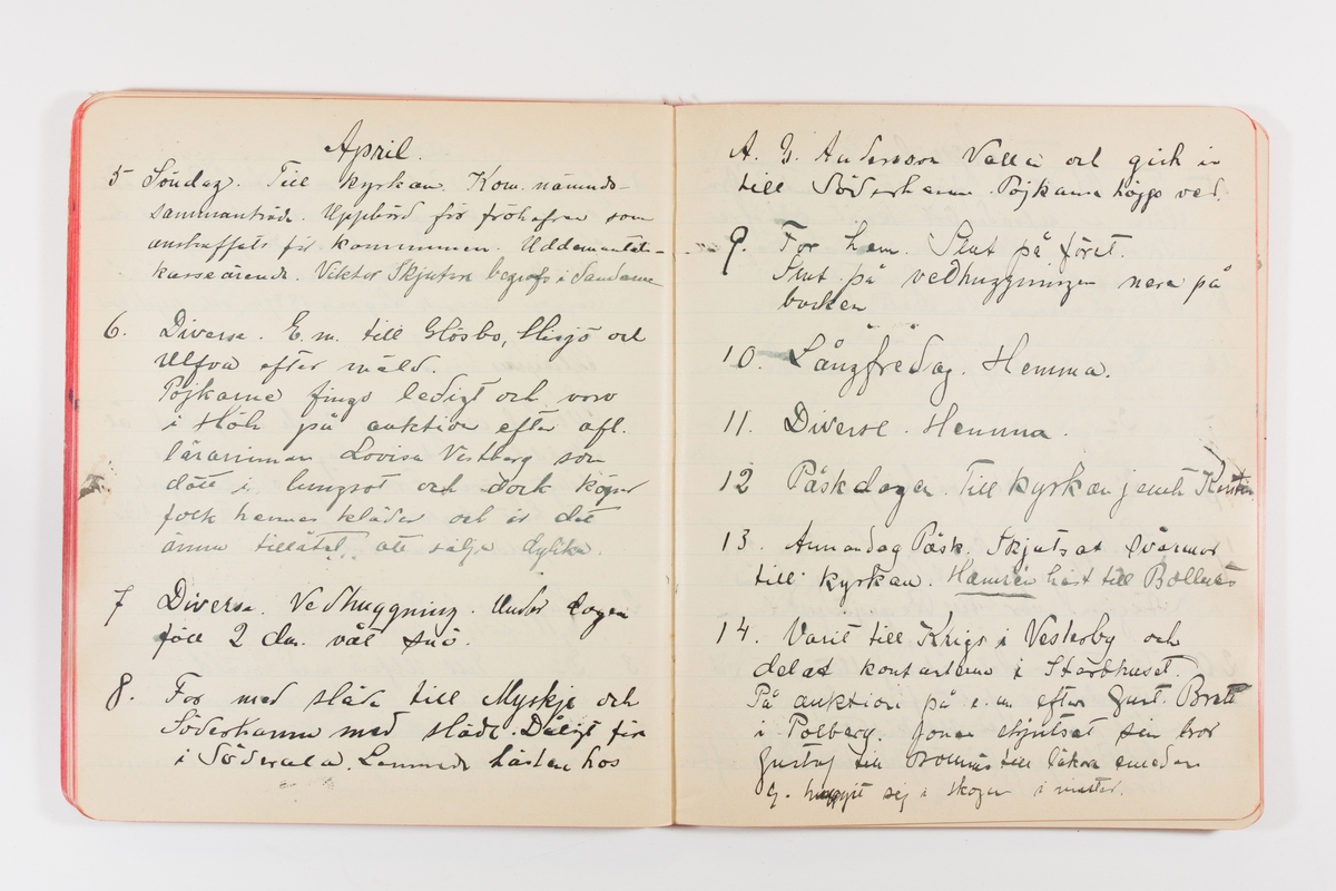 Dagbok från 1902–1903 omfattande 162 skrivna sidor samt en stämplingslängd. Inbunden med vaxdukspärm. Skriven av bonden, sjömannen och godtemplaren Per Svensson (1863–). Denne var gift med Kerstin Persdotter i Östergården (Österböle nr 2) i Rengsjö socken. Anteckningarna berör arbete, resor, väder osv. Dagboken ingår i en samling på 8 volymer och fanns vid digitaliseringstillfället i privat ägo inom släkten.