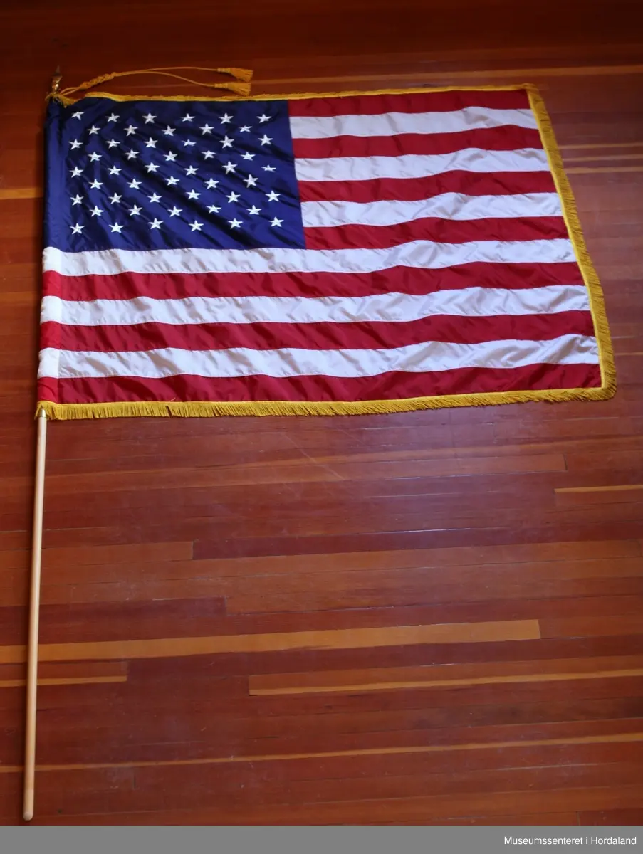 Flagg med stang i to deler, samt en fot. Flagget er rektangulært med 13 røde og hvite horisontale striper, og 50 hvite stjerner på blå bakgrunn i øvre venstre hjørne. Rundt flagget er en gul frynsekant. Flagget er festet til en paradestang av tre med gyllen kule og spyd på toppen. På toppen henger også  en gyllen snor med to dusker som er flettet sammen. Selve stangen kan skrus fra hverandre i to deler.