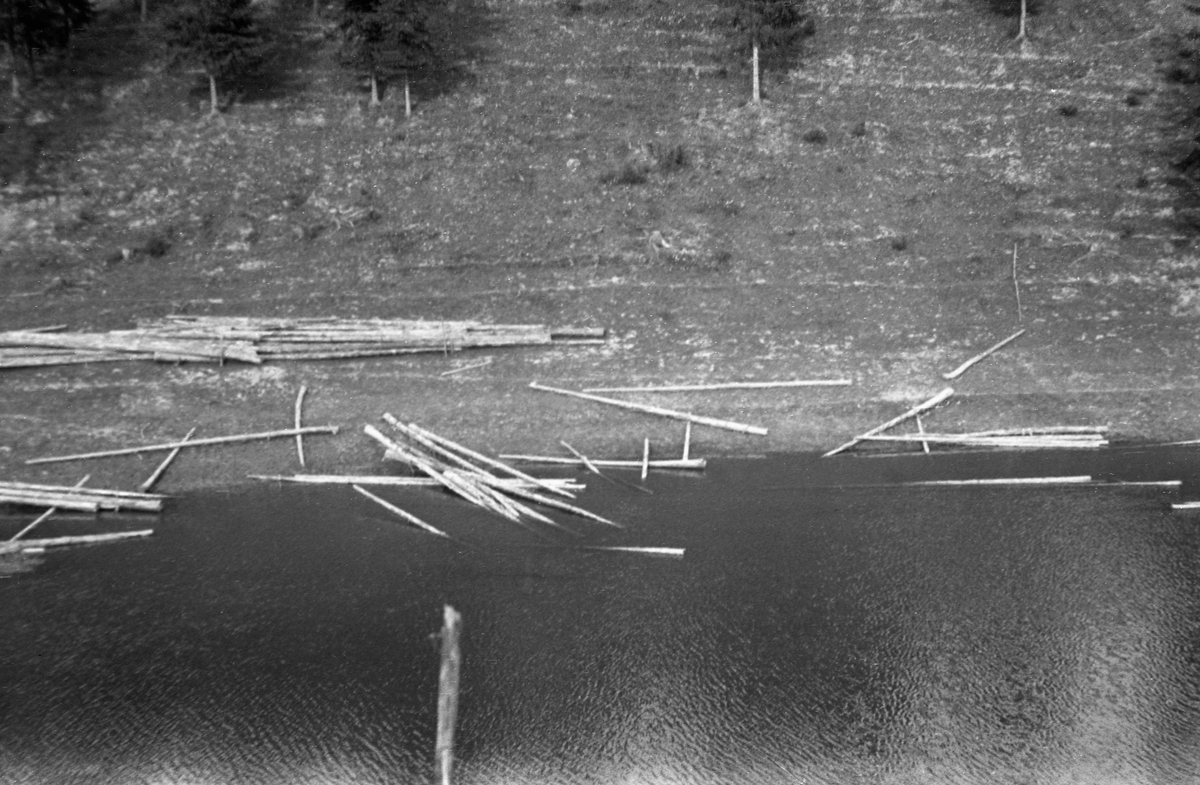 Søkketømmer som var hentet opp fra strandsona i innsjøen Øyeren etter at flommen i 1937 var gått tilbake. Dette var tømmer som var så fuktig etter å ha ligget lenge i fløtingsvassdraget at det sank. Når det kom til syne etter at vannstanden gikk ned, slik som på dette fotografiet, kunne det trekkes opp på land slik at det tørket litt og gjenvant flyteevnen. Deretter kunne det fløtes videre nedover vassdraget. Det året dette fotografiet ble tatt var det innmeldt 10 205 504 tømmerstokker til fløting i Glommavassdraget. Glomma fellesfløtingsforening foretok nøyaktige tellinger av det tømmeret som nådde fram til lensene nederst i vassdraget, og etter 1937-sesongen kunne organisasjonen konstatere at 639 315 stokker, drøyt 6 prosent, var «inneliggende». Dette dreide seg dels om søkketømmer, som vi ser på dette fotografiet, dels om virke det av andre grunner fortsatt lå igjen langs vassdraget. Bildet oppgis å være tatt i Trøgstad,