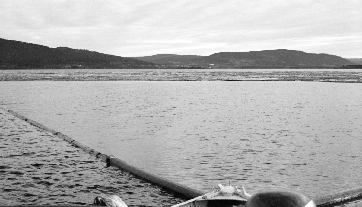 Bomtrekking sørover Storsjøen i Odalen sommeren 1957. Dette slepet skulle bukseres fra Mo i nordenden av innsjøen til Seimsjøen i sør, der strømmen i Oppstadåa skulle føre det videre mot Glomma ved Skarnes. Bommen var en ring, lagd av sammenkjedete stokker, som i dette tilfellet omsluttet cirka 3 500 kubikkmeter løstømmer fra skogene i Nord-Odal. Bommen ble trukket av en båt som lokalt ble kalt «Storsjø», men som offisielt hette «Varpebåt 1». Glomma fellesfløtingsforening hadde nemlig en noe større slepebåt i Storsjøen i Rendalen som offisielt hette «Storsjø»,  Når «Varpebåt 1» ble satt i bevegelse samlet tømmeret seg i det som da ble den bakre enden av bommen, men så lenge hastigheten var langsom og vinden noenlunde spak, holdt det seg der. Dette er et todelt opptak, tatt fra akterdekket på slepebåten.