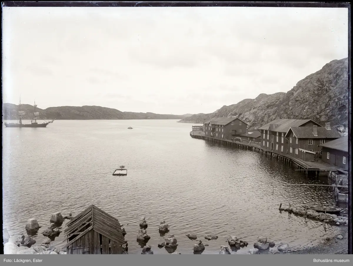 Hamn. Segelfartyg till vänster. Bebyggelse till höger.
Nösund