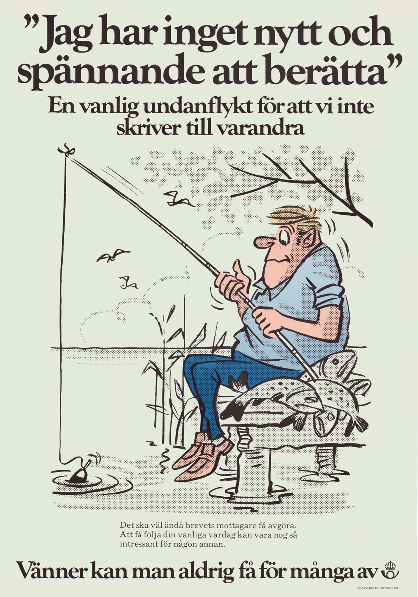 Illustration av en man sittandes på en brygga med fiskespö. Bredvid syns en hög med fisk. Text över och under. Postsymbol.