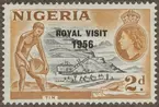 Frimärke ur Gösta Bodmans filatelistiska motivsamling, påbörjad 1950.
Frimärke från Nigeria, 1953 (kröningsserie). Motiv av Tennmalmsbrytning i Nigeria (t.h.) Drottning Elizabeth II. - Minne av Drottning Elizabeth II:s besök i Nigeria Jan.-Feb. 1956, övertryck 