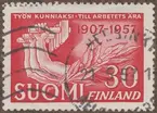 Frimärke ur Gösta Bodmans filatelistiska motivsamling, påbörjad 1950.
Frimärke från Finland, 1957. Motiv av Tre armar med hammare Symbol 