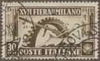 Frimärke ur Gösta Bodmans filatelistiska motivsamling, påbörjad 1950.
Frimärke från Italien, 1936. Motiv av Italienska industrisymboler. Till 17-de Mässan i Milano.